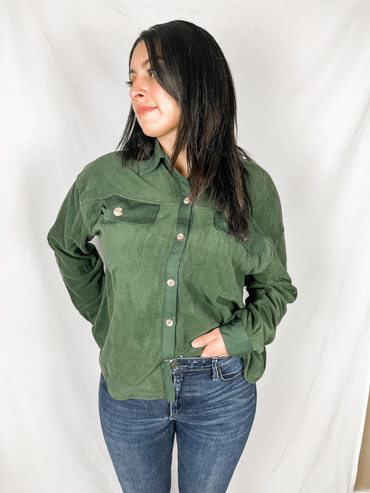 Aspen Fuzzy Button Down Shirt -Hunter Green