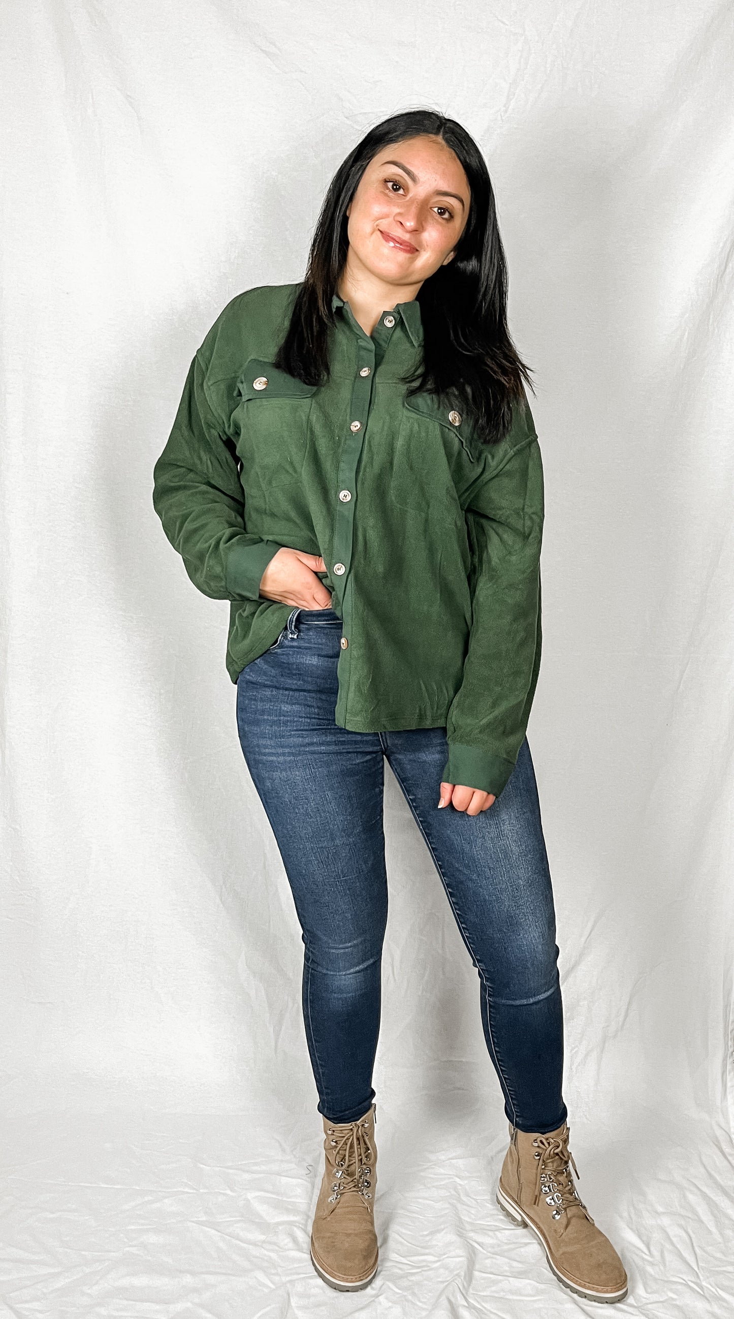 Aspen Fuzzy Button Down Shirt -Hunter Green