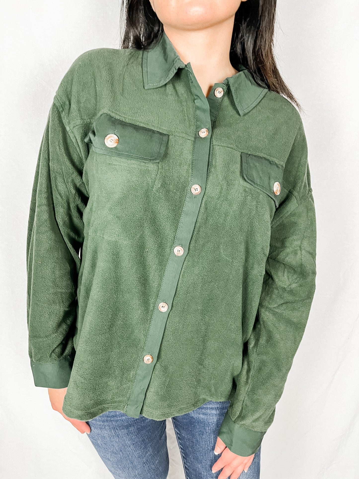 Aspen Fuzzy Button Down Shirt -Hunter Green