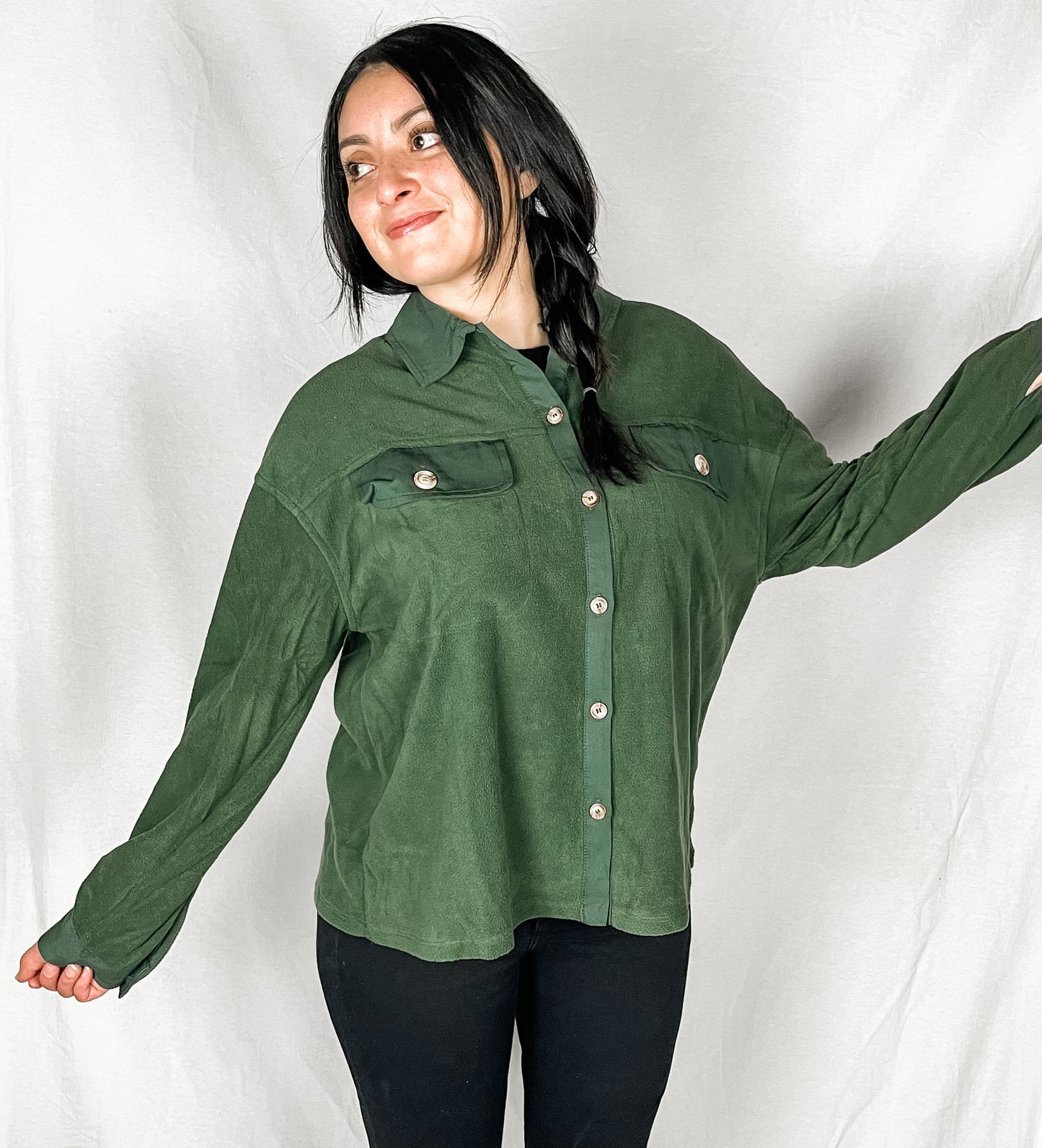 Aspen Fuzzy Button Down Shirt -Hunter Green