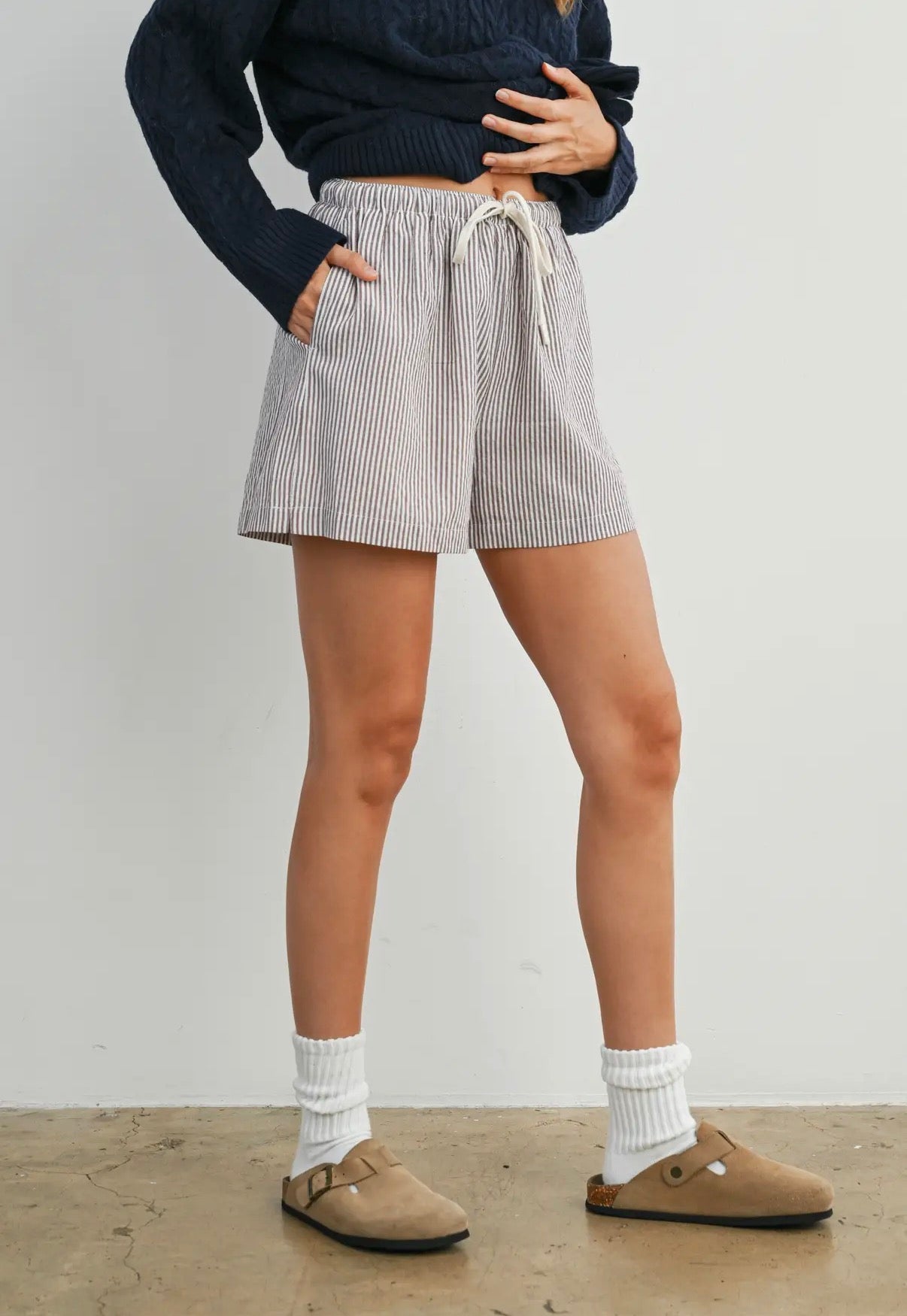 Striped Drawstring Shorts - Brown